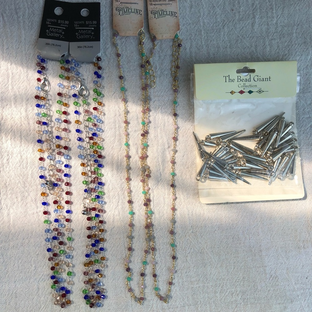 Jewelry Making Supplies: 4 beaded chains and 22mm silver spike beads #207